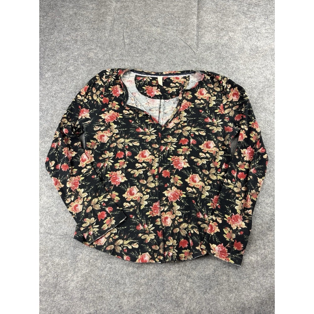 Anthropologie Pilcro Women's S Split-Neck Floral Waffle Knit Thermal Top Boho